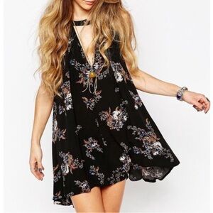 Free People Tunic‎ Tank Top Mini Dress XS Tree Swing Floral Boho Black Flowy